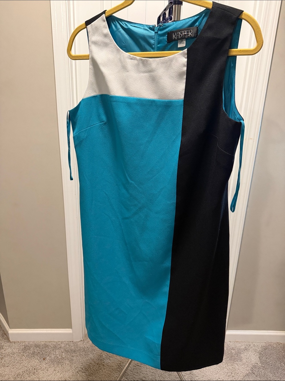 Kasper Teal, Black & White Colorblock Sheath Dress